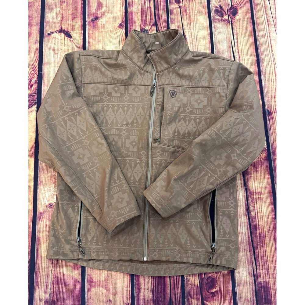 Ariat Men's Brown Geometric Full Zip Windbreaker Stand-Up Collar Reg Fit L